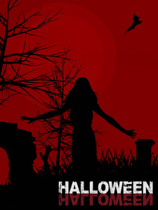 暗红色万圣节背景与女性僵尸剪影走在墓地和装饰文字