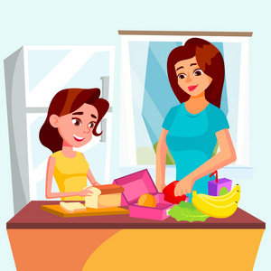 女儿帮妈妈在厨房里一起做饭。孤立的插图