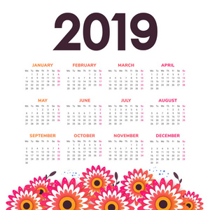 2019年新年日历与花卉向量