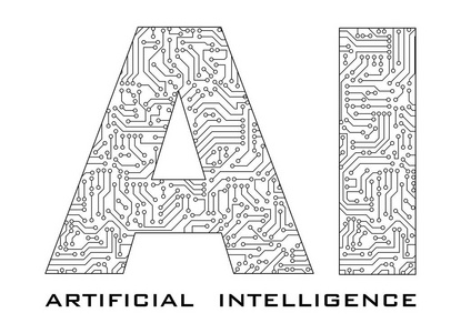 人工智能，电路隔离在白色背景上。数字计算机技术概念中高科技背景的图案纹理。三维文本插图。