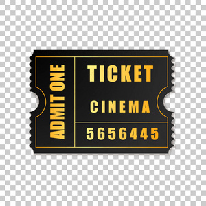 现实的黑色电影院门票在透明背景下孤立对象。电影院, 剧院, 音乐会, 电影, 演出, 晚会, 活动节票模板。承认一个。矢量插图