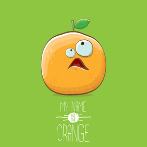 水果夏日卡通矢量滑稽卡通逗人喜爱的橙色字符查出的绿色背景.