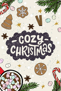 舒适的圣诞节独特的手写报价。可爱的节日卡片用手画的甜桌平躺。圣诞饼干，糖果棒和热巧克力。矢量图。