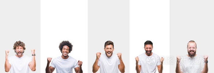 拼贴年轻的白种人西班牙裔非洲男子穿着白色T恤，在白色的孤立背景下兴奋地成功，举起双臂庆祝胜利，微笑。 赢家概念。