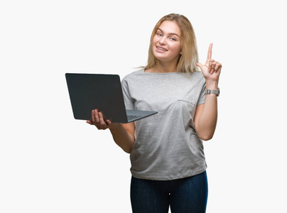 一位年轻的白种人女士，她用电脑笔记本电脑在孤立的背景下惊讶地发现了一个想法或问题，手指着幸福的脸第一