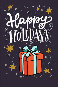 快乐假期独特的手写体和草图矢量插图的红色礼品盒与蓝色丝带弓。 舒适的假日卡。 圣诞礼物。