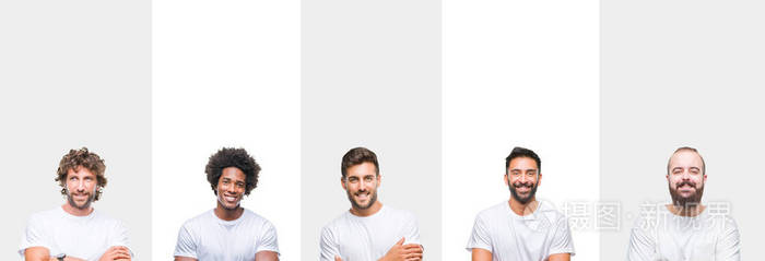 拼贴年轻的白种人西班牙裔非洲男子穿着白色T恤在白色的孤立背景上，快乐的脸，交叉的手臂看着相机微笑。 积极的人。