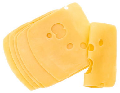 奶酪切片分离在白色背景顶部视图。