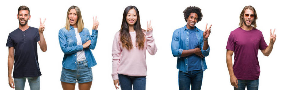 非洲裔美国人的组成，西班牙裔和中国的人群，在孤立的白色背景上微笑，快乐的脸对着镜头眨眼，做胜利标志。 二号。