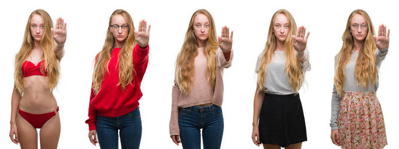 年轻的金发女孩拼贴在白色的孤立背景上，停止用手掌唱歌。 警告表情，脸上有负面和严肃的手势。