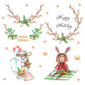 水彩圣诞插图与女孩姜饼圣诞老人和圣诞装饰品。 圣诞贺卡。 冬季设计。 圣诞快乐