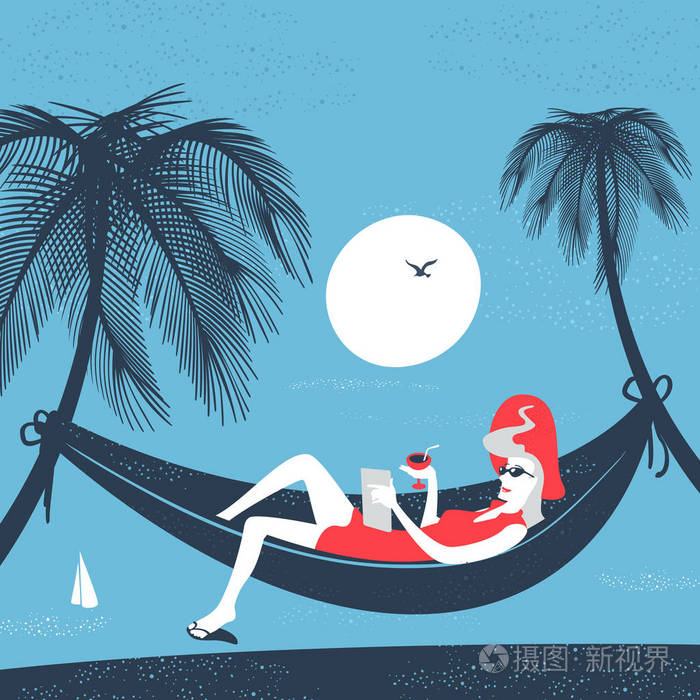 躺在吊床上海滩上的女孩