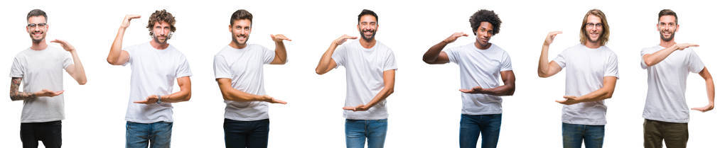 年轻的白种人西班牙裔非洲男子拼贴，穿着白色T恤，在白色的孤立背景上做手势，双手显示大尺寸的标志符号。 微笑着看着相机。 测量概念