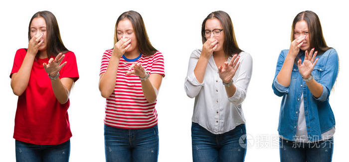 年轻漂亮的女孩拼贴在白色孤立的背景上,闻到了一些臭味和令人恶心的