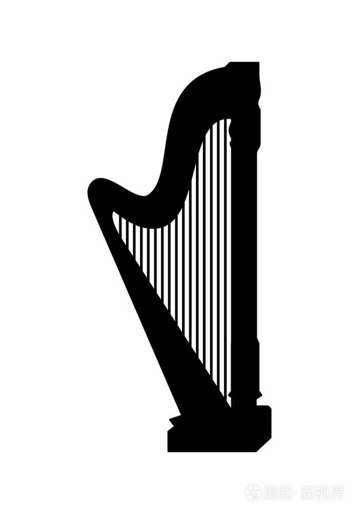 白色背景上孤立的竖琴的黑暗轮廓
