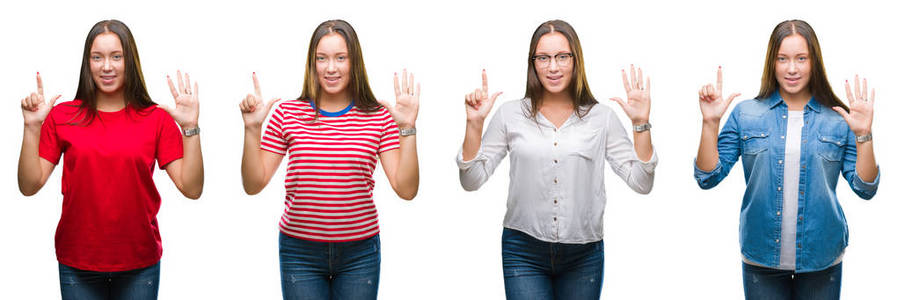 拼贴年轻美丽的女孩在白色孤立的背景上，显示和指向7号手指，同时微笑自信和快乐。