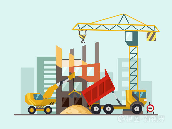 房屋和建筑机械的建设工作进程矢量图