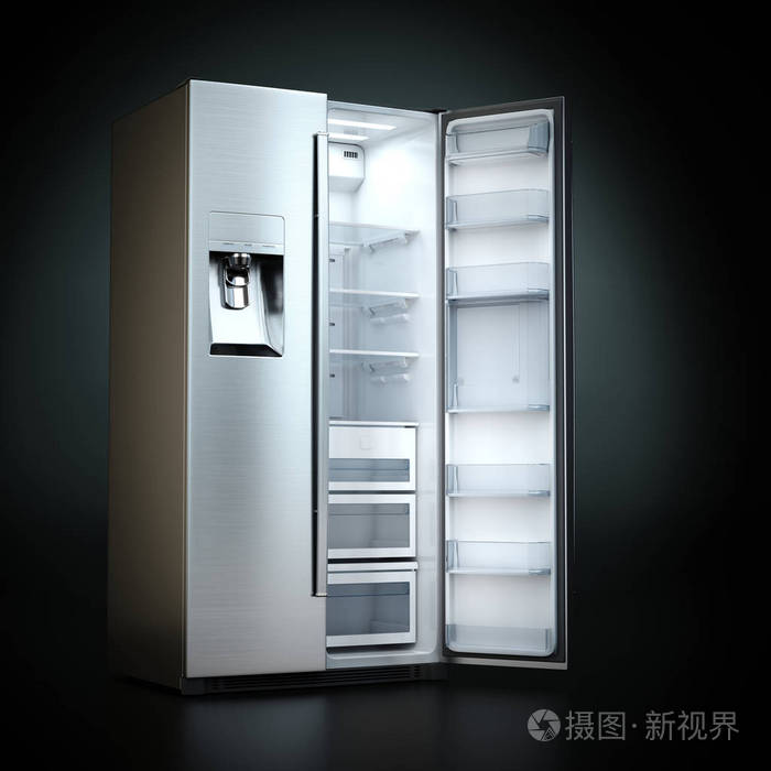 三维渲染大冰箱在黑暗背景与开放的门