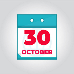 10月30日每日日历图标与月份和日期。 平面向量