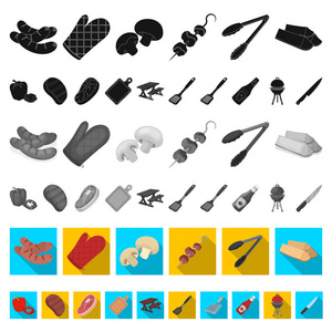 烧烤和设备的平面图标集的设计。野餐和油炸食品矢量符号股票网页插图