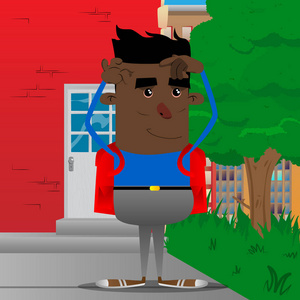 学生疑问卡通小学生用两只手挠头. 矢量卡通人物插图.照片