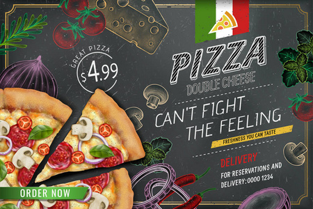 美味的披萨广告与3D插图丰富的配料面团雕刻风格粉笔涂鸦背景