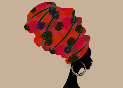肖像，美丽的非洲妇女，传统的头巾，肯特头，红色包装，非洲传统的达西基印刷，黑色妇女矢量剪影，与传统的骨耳环发型概念隔离。