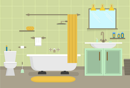 清洁卡卡通清洁浴室为清洁室服务卡海报.向量照片