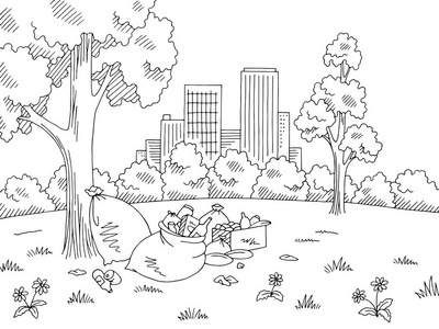 自然公园垃圾图形黑白景观素描插图矢量照片