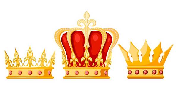 白色背景上的金色皇冠君主。孤立的帝王，女王，公主，王子。加冕和权力的主体..矢量图