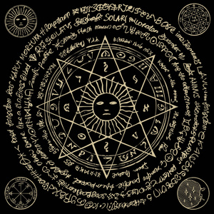 用黑色背景上有神奇铭文和符号的八角形恒星中太阳的插图.