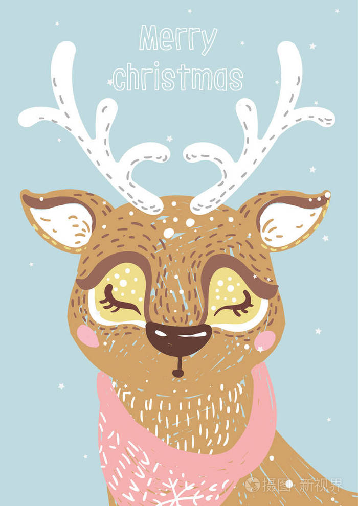 为圣诞快乐卡手工绘制鹿矢图.柔和的颜色。投标卡。