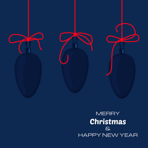 圣诞快乐，新年快乐，深蓝色背景，有三个圣诞球。 矢量背景为您的贺卡邀请节日海报。