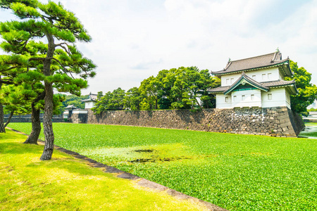 日本东京市有护城河和桥的美丽古建筑皇宫城堡