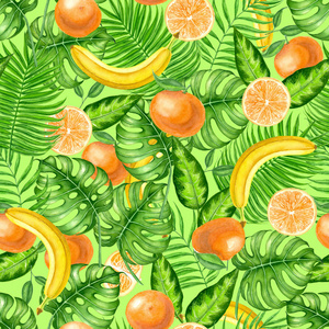 无缝热带图案由叶子橘子和香蕉制成，上面涂着水彩。