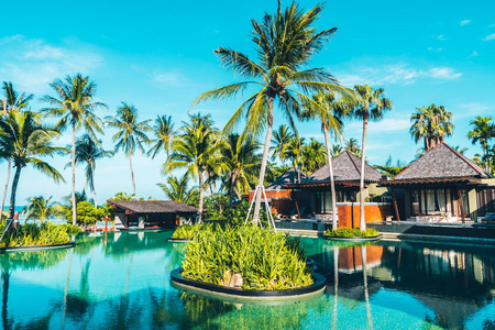美丽的室外游泳池，带椰子棕榈树，环海和海景，供旅行和度假使用