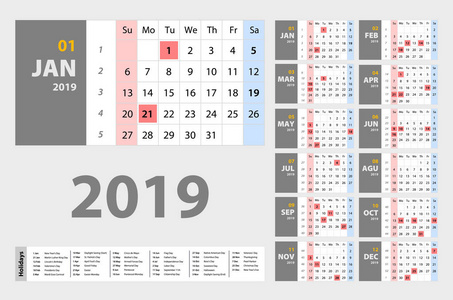 矢量2019年新年日历在清洁，最小的桌子，简单的风格，假日活动计划周开始星期日艺术