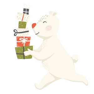运行北极熊与礼品盒斯堪的纳维亚卡。圣诞节和新年字符