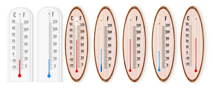 天气指示器矢量集真实液体温度计与摄氏和华氏刻度红色和蓝色指示器.