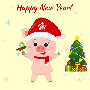 新年快乐, 圣诞祝福贺卡。可爱的猪在圣诞老人帽子和围巾持有棒糖。圣诞树和盒子的礼物。向量