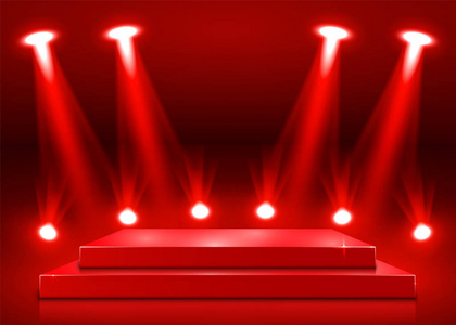 颁奖背景红色舞台讲台与照明, 舞台讲台现场与颁奖典礼上红色背景照片