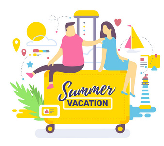 矢量彩色插图的两个人坐在手提箱与掌波太阳。 暑假时间。 网站横幅男女平面设计