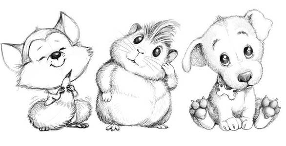 搞笑黑白绘图可爱的小动物的素描. 黑白图形. 插图绘图.照片