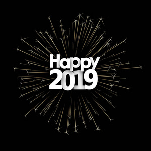 新年快乐，2019年卡与金色闪闪发光的烟花。 矢量背景。