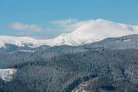 风景如画的冬季山景，从斯库波瓦山坡，乌克兰视图，乔诺霍拉脊和皮普伊万山顶与天文台建筑卡帕西恩。