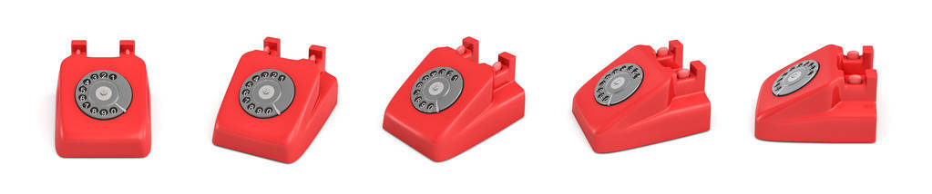 3d. 无接收机不同角度的五个独立的红色复古旋转电话的渲染
