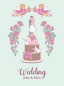 快乐的婚礼。 矢量图。 结婚典礼。 浪漫的结婚卡婚礼邀请。 婚礼蛋糕上新娘和新郎的身影。