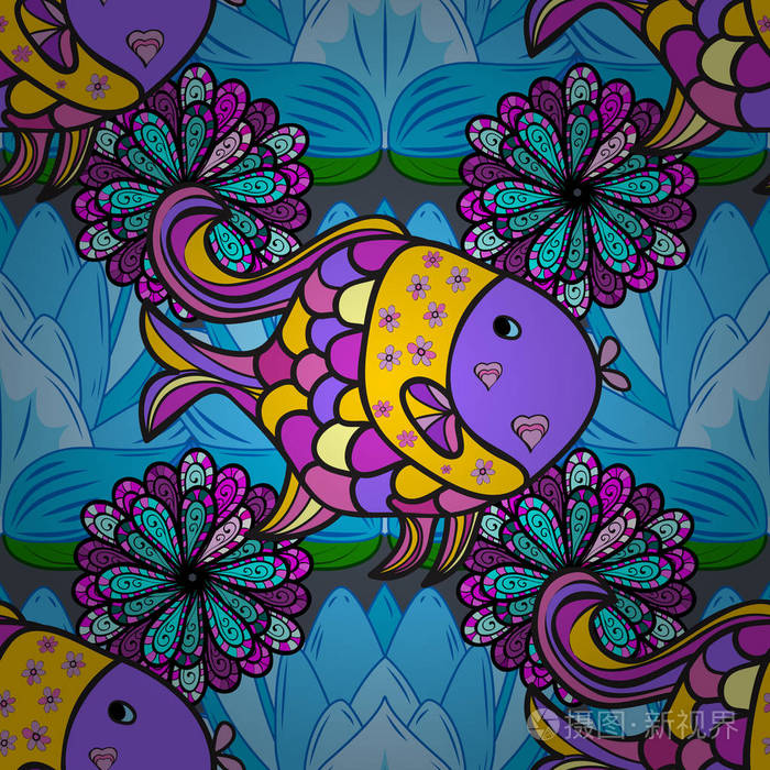 在蓝色紫罗兰和黑色的颜色上. 五颜六色可爱的纹理鱼图案.