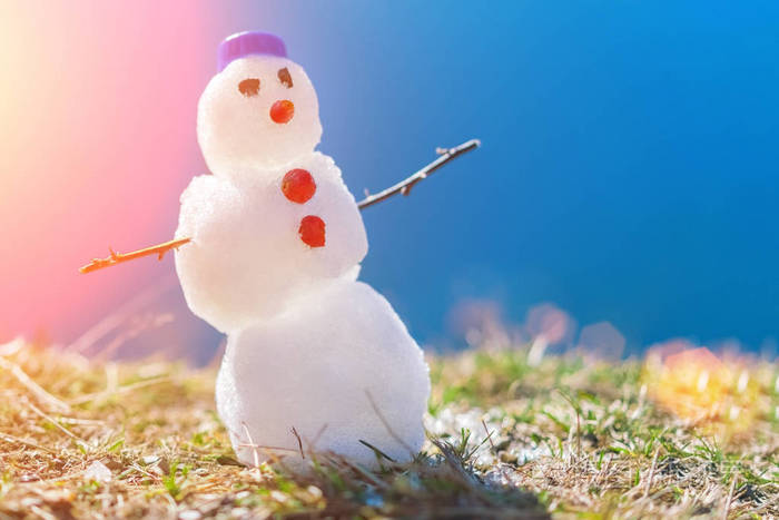 在阳光下在草地上戴着蓝色帽子的小雪人