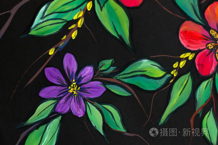 黑色背景上的花卉插图油画印象派风格花画画布派